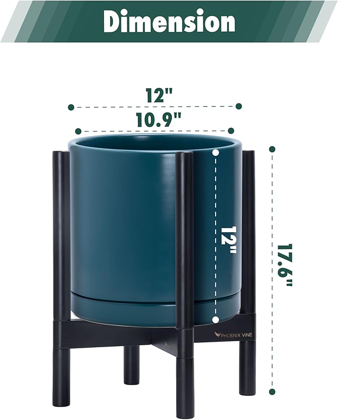 D'vine Dev Ceramic Planter with Ebony Stand - 12 Inch Modern Round Flower Pot with Wood Planter Holder, Teal, 55-B-H-4-Ruum Studio Home