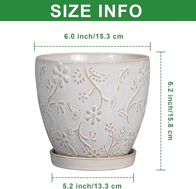 6 Inch Ceramic Plant Pot for Indoor Plants Outdoor Round Planter Flower Pot with Drainage Hole and Saucer for Home Garden Office Decor White-Ruum Studio Home
