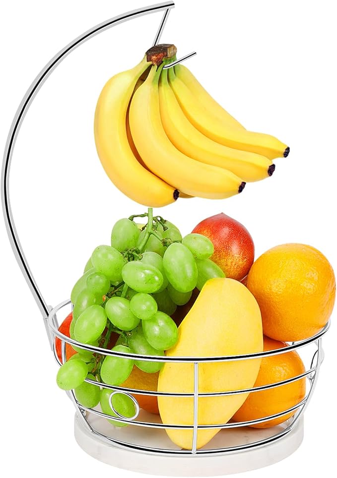 Livabber Countertop Fruit Basket Bowl with Banana Hanger, Modern Standing Fruit Vegetable Bowl Storage, with Banana Tree Holder for Kitchen Dinning Table (Round Marble, Chrome)-Ruum Studio Home