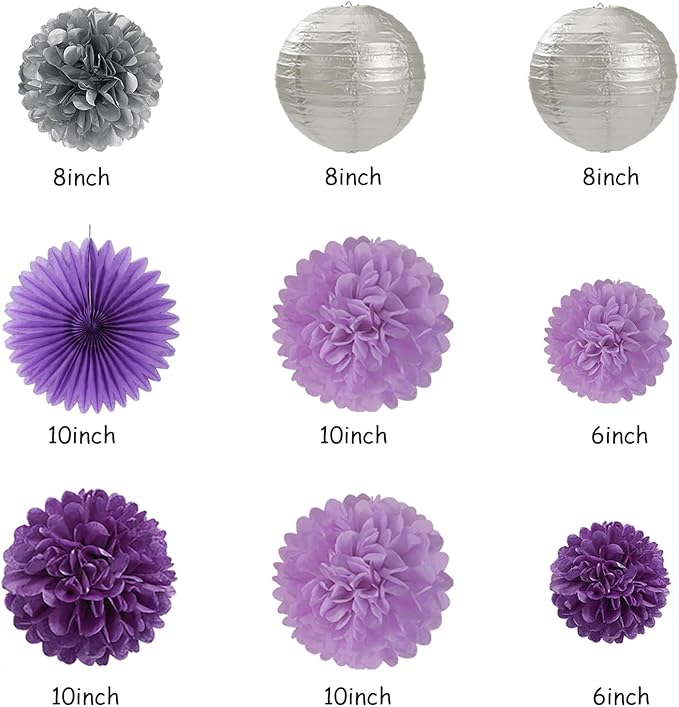 Purple Silver Birthday Party-Decorations Paper-Flowers - 14pcs Happy Banner Lavender Lanterns Tissue Pom Poms,Lilac Streamers Garland Fans,Women Girls Adult Kids Office Hanging Supplies Decor Hugfond-Ruum Studio Home
