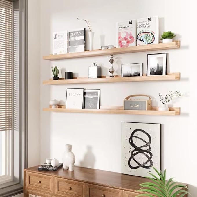 AZSKY 36 Inch Picture Ledge Shelf Solid Wood Large Floating Shelves Wall Mounted Rustic Natural Shelves for Home, Living Room, Bedroom, Bathroom, Office 3 Same Sizes-Ruum Studio Home