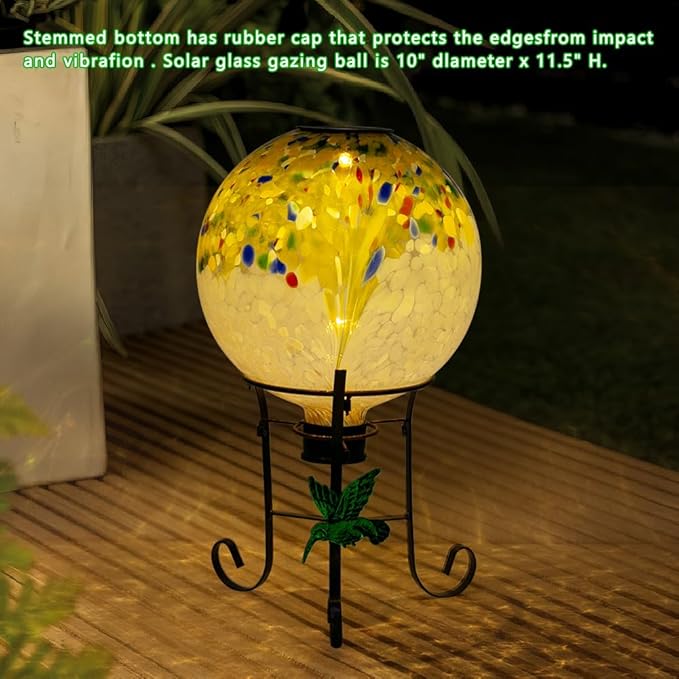 10" Diameter Solar Gazing Ball and 8.5" Metal Stand Indoor Outdoor Yard Art Ornament Coloful Spot Glass Globe Sphere Solar Gazing Balls for Garden,Lawn,Porch,Patio Birthday Gifts for Women,Mom-Ruum Studio Home