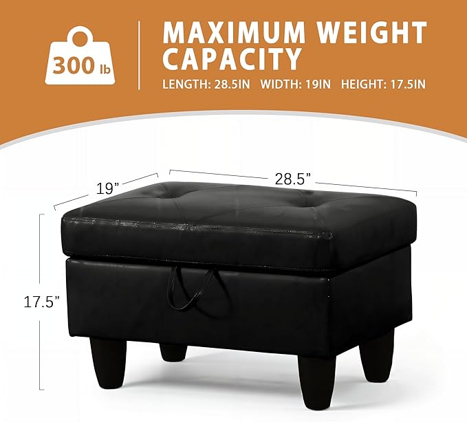 Ottoman Rectangular Storage Ottoman Bench, Faux Leather Footrest, Coffee Table, Stool Footstool with Hinged Lid for Living Room, Bedroom, Entryway, Black, 28.5"x19"x17.5"-Ruum Studio Home