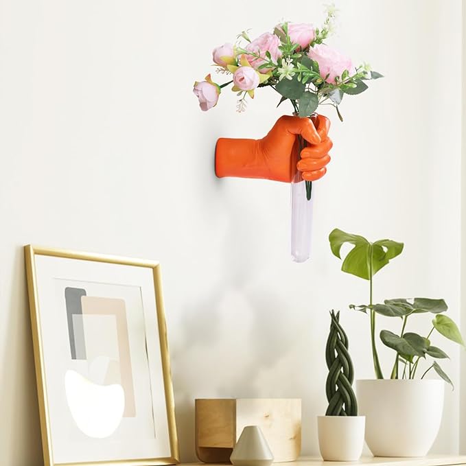 Orange Wall Sculptures, Hand Vases Home Decor, Wall Mount Art Sculpture, Unique Wall Art Statue, Funky Flower Vase Decorations, Modern Eclectic Hanging Decor,Glass Test Tube Vase (Orange)-Ruum Studio Home