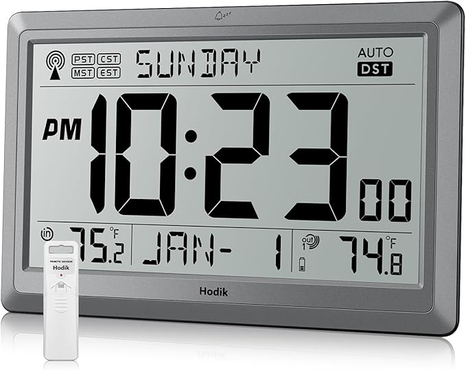 Wall Clock Atomic with Indoor Outdoor Temperature Battery Powered, Easy Reading with 10.5 Inch Large LCD Display, 330FT Range Table Wall Clock With DST, 12/24 Hour for Living Room Kitchen (Silver)-Ruum Studio Home