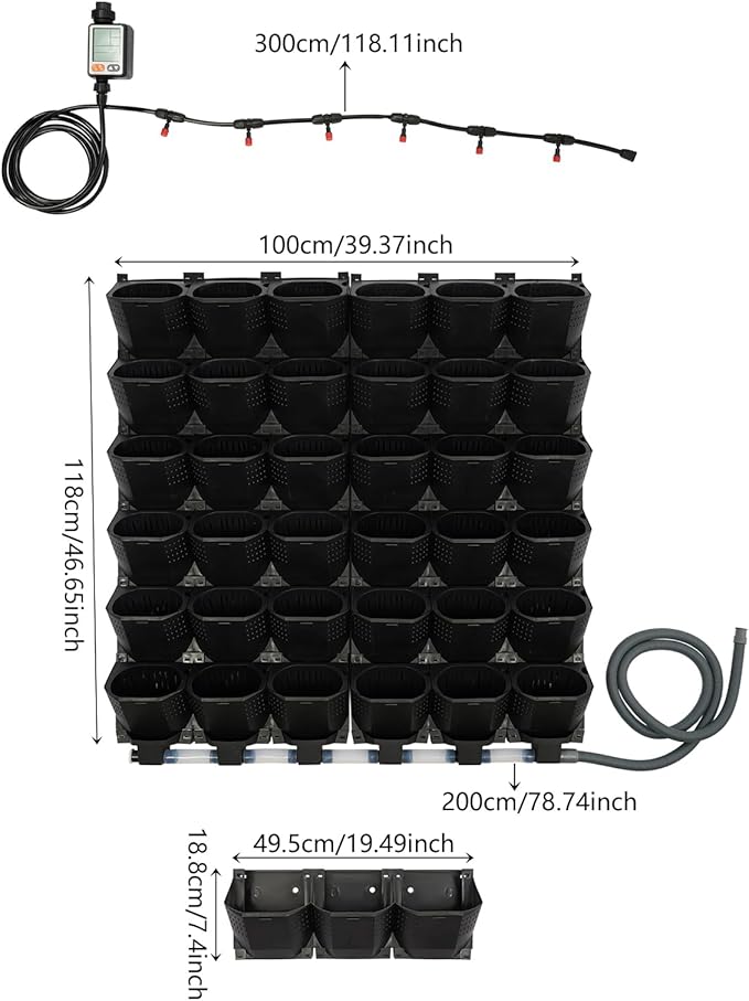 36 Pockets Hanging Planter Bags, Vertical Wall Mounted Plant Planting Grow Bags, Stackable Wall Planter with Timer, Self Watering Hanging Planters for Outdoor Indoor Garden-Black-Ruum Studio Home