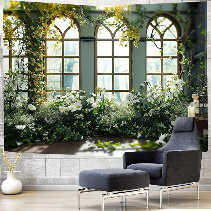 FENDROM Window View White Flower Tapestry Nature Landscape Classic Flower Vine Wall Hanging Party Decorations For Bedroom Living Room Dorm-Ruum Studio Home