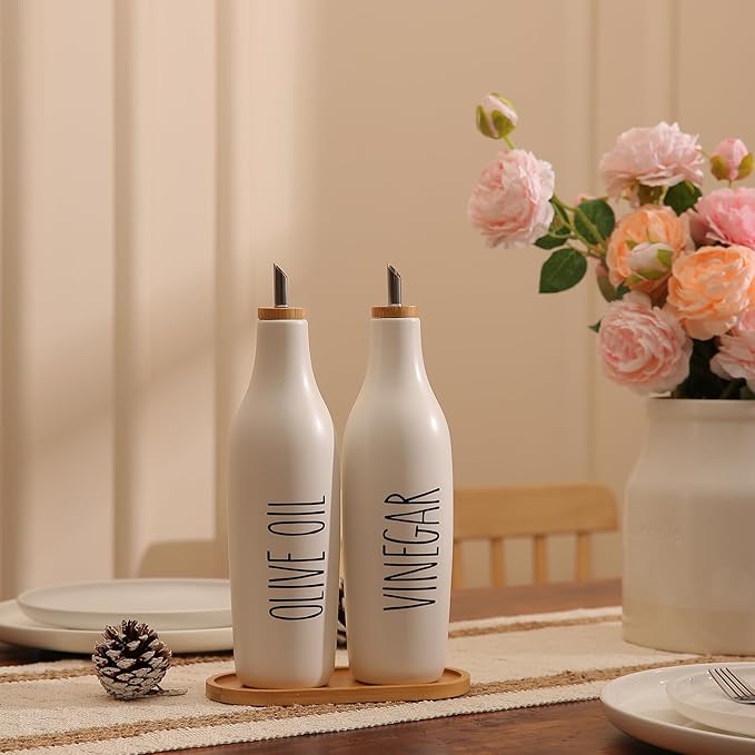 HOMCDALY Olive Oil and Vinegar Dispenser Set, 16oz Ceramic Oil Dispenser for Kitchen, Kitchen Dispenser Bottle for EVOO Vinegar Syrups, Modern Farmhouse Design | Set of 2 – P-White-Ruum Studio Home