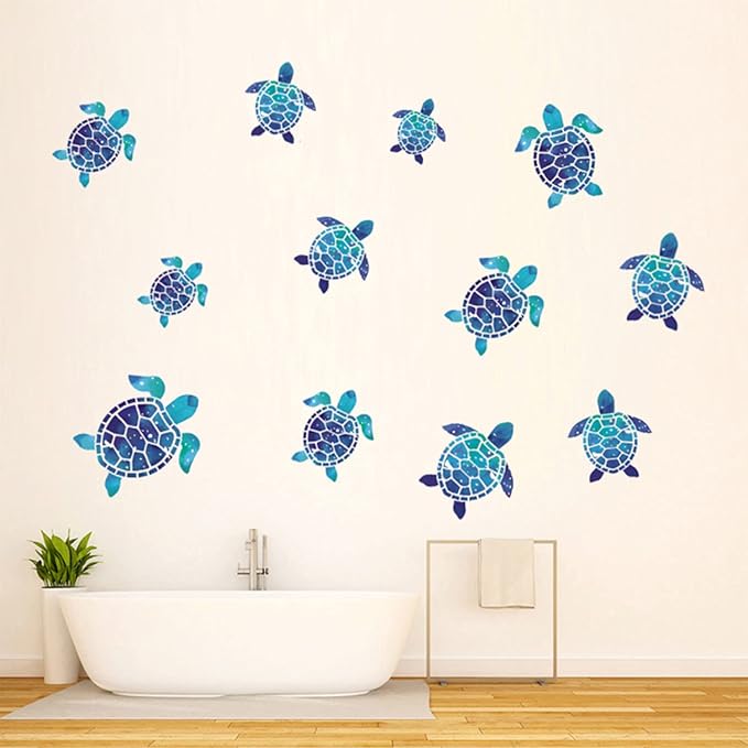 12pcs Sea Turtle Vinyl Stickers Underwater Ocean Decals Waterproof Wall Sticker Home and Bedroom Decoration, DIY Accessories, Blue-Ruum Studio Home