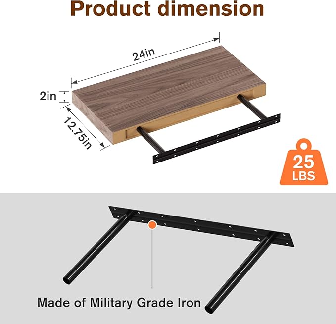 Floating Shelf, Set of 2 Wall Shelf, 24 in W x 12.75 in D x 2 in H Wooden Floating Wall Shelf with Invisible Brackets for Living Room/Bedroom/Bathroom/Kitchen Storage and Decor, Walnut-Ruum Studio Home