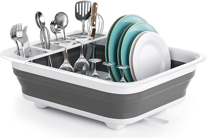 THANSTAR Collapsible Dish Drying Rack for RV Kitchen, Foldable Drainer Organizer for Kitchen Countertop, Space Saving Portable Dish Rack for Campers, Travel Trailer & Small Spaces, Easy Storage, Grey-Ruum Studio Home