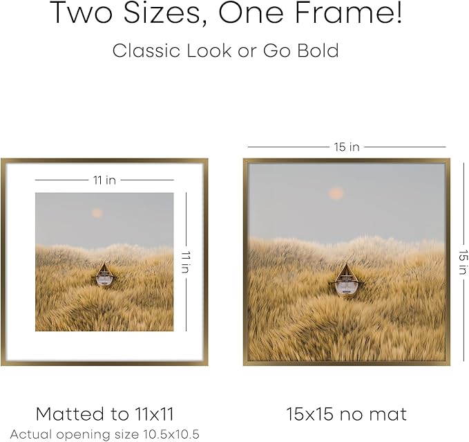 Homeforia 15x15 Picture Bronze Frame, High End Metal 15 x 15 Square Poster Frame with Mat 11 x 11 Photo, 15x15 Brass Frame Matted to 11x11 Print, 15by15 Thin Frames, Tempered Glass, Wall Kit, Set of 1-Ruum Studio Home