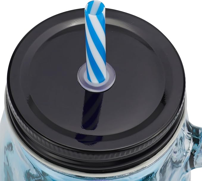 Halloween Cups Set of 4 - Blue Skull Glass Drinking Jar with Lids and Straws - Halloween Decor, Drinking Glasses 16 oz-Ruum Studio Home