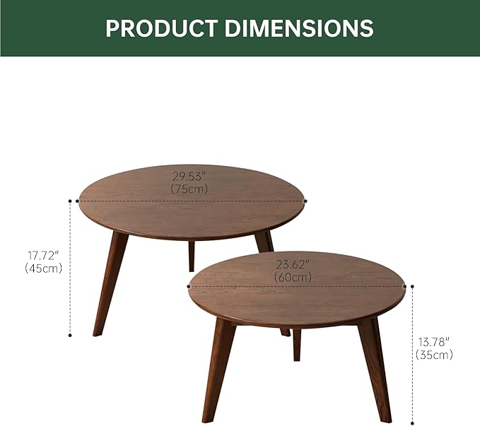 100% Solid Oak Wood Coffee Table Set, Round Coffee Table Combo Side Table w/Solid Wood Legs, Mid Century Table Sturdy Tables for Bedroom Balcony Living Room (Walnut, Big-Medium Combo)-Ruum Studio Home