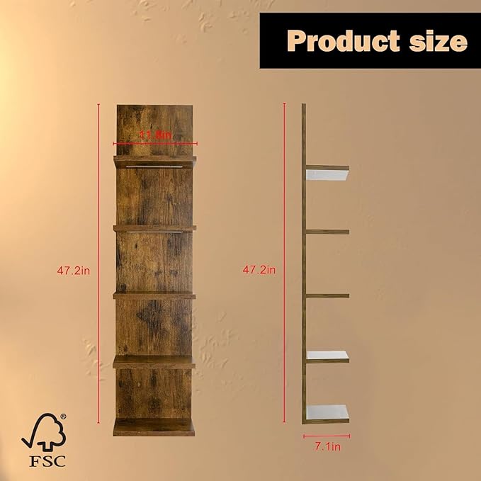 5 Tier Wall Shelf Unit, Modern Vertical Lack Wall Shelves with Light, Wall Mount, Floating Column Home Decor Shelves for Bedroom, Living Room, Vanity Storage Display(Dark Brown)-Ruum Studio Home