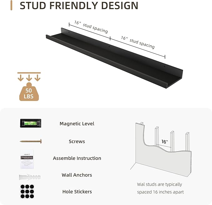 Picture Ledge Shelf, Wood Floating Shelves Set of 2, 36 inch Picture Ledge Shelves, Photo Ledge Nursery Book Shelves Wall Mounted for Living Room Kids' Room Bedroom, Color Black-Ruum Studio Home