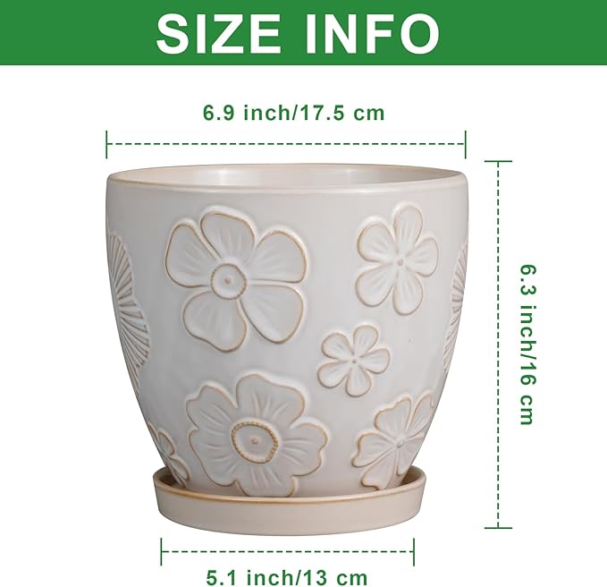 6.9 Inch Plant Pot with Drainage Hole and Saucer Ceramic Planter for Indoor Plant Flower Pot for Orchid Succulents Plants White-Ruum Studio Home
