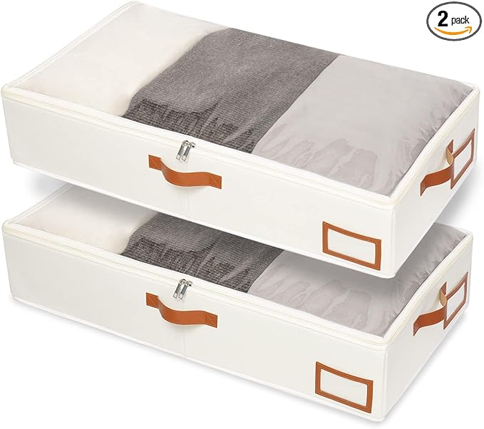 Yawinhe Under Bed Storage Containers, 2 Pack, Bin with Lids, Collapsible Closet Organizers, with Sorting Card Slot and 4 Leather Handles, for Blanket, Bedding, 31.5''Lx15.7''Wx6''H, Beige-Ruum Studio Home