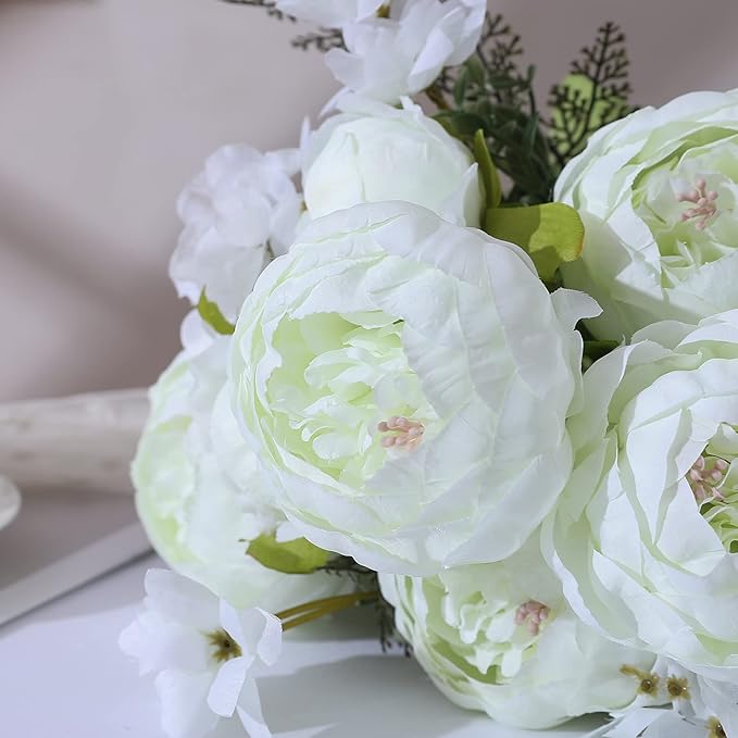 Duovlo Springs Flowers Artificial Silk Peony Bouquets Wedding Home Decoration,Pack of 1 (Spring White)-Ruum Studio Home