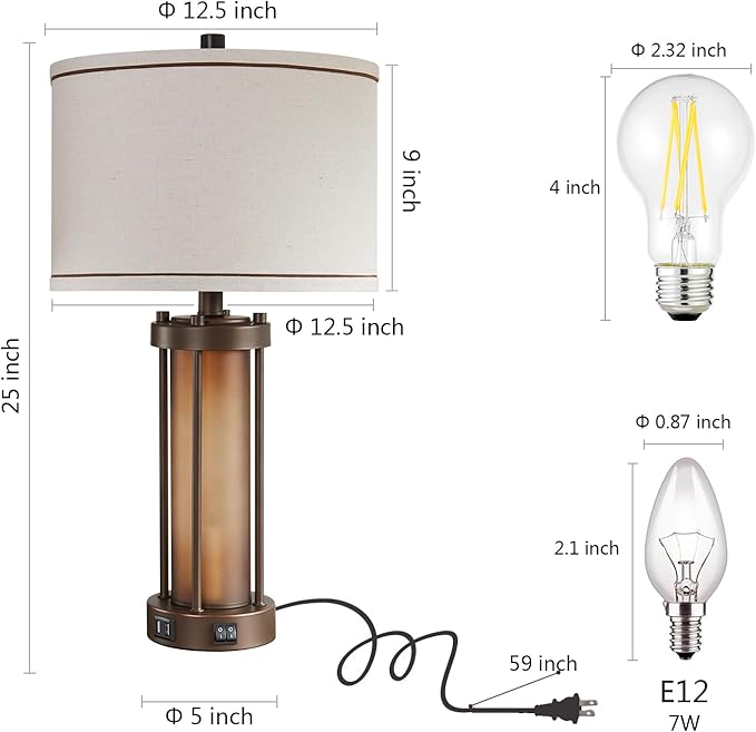 Farmhouse Table Lamps for Living Room with 2 USB Charging Ports, Vintage Rustic Nightstand Lamp with Amber Glass Nightlight, Retro Desk Lamp for Bedroom Entryway, 2 Bulbs Included-Ruum Studio Home