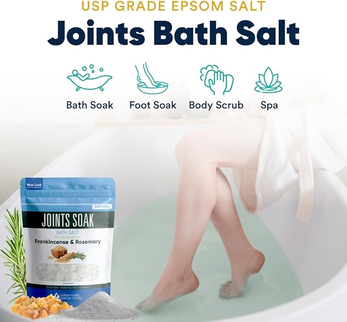 Joints Soak Bath Salt 32 Ounces Epsom Salt with Natural Rosemary, Frankincense and Peppermint Essential Oils Plus Vitamin C in BPA Free Pouch with Easy Press-Lock Seal-Ruum Studio Home