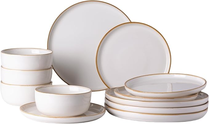 GBHOME Ceramic Dinnerware Sets for 4, 12 Pieces Stoneware Plates and Bowls Sets, Scratch Resistant Dishes, Dishwasher & Microwave Safe, Reactive Glaze-White-Ruum Studio Home
