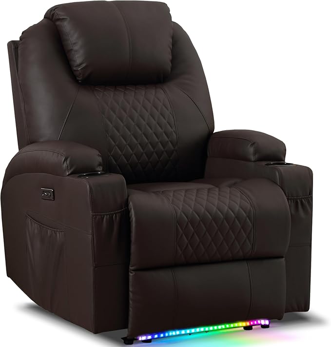 AHMED Power Recliner Chair with Vibration Massage & Heat for Adults, Faux Leather Home Theater Seating with Cup Holders/LED Lights/USB Ports/Side Pockets for Living Room, Brown-Ruum Studio Home