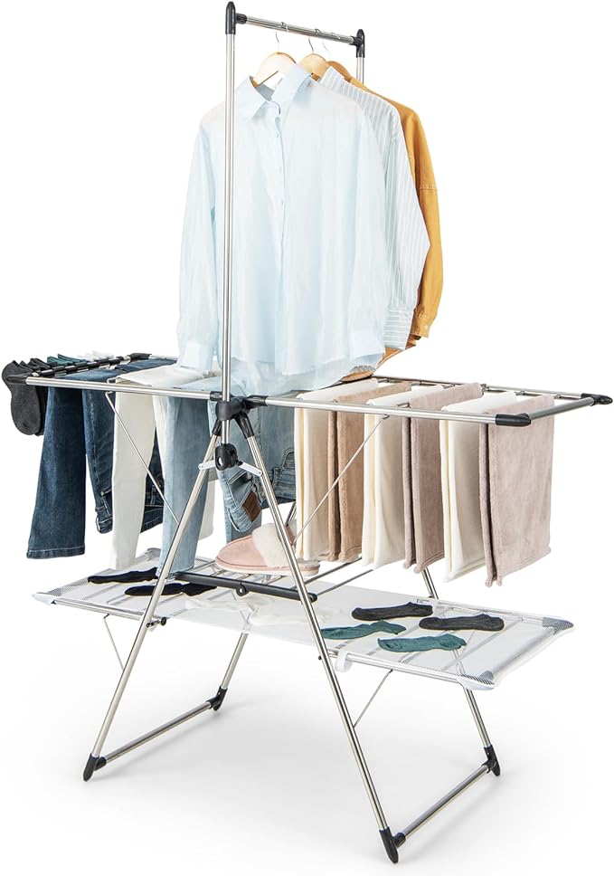 Tangkula Foldable Clothes Drying Rack, 2-Tier Laundry Drying Rack w/Tall Hanging Bar, Height Adjustable Gullwing, Freestanding Garment Stand for Indoor Outdoor Use-Ruum Studio Home