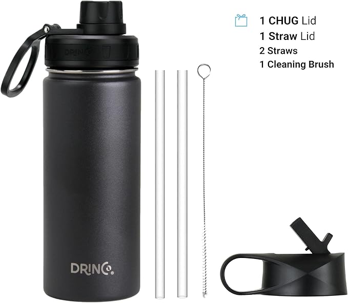 DRINCO Stainless Steel Water Bottle Spout Lid Vacuum Insulated Double Wall Water Bottle Wide Mouth (40oz 32oz 22oz 18oz 14oz) Leak Proof Keeps Cold or Hot (18 oz, 18oz Black)-Ruum Studio Home