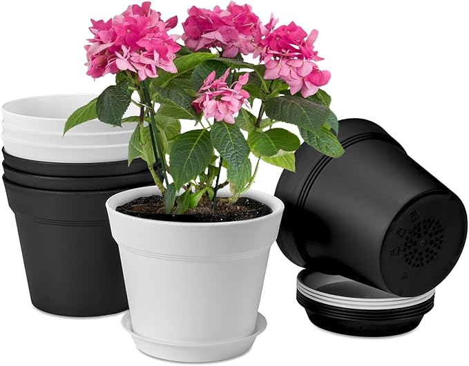 homenote Plant Pots,7.5 Inch Flower Pots for Plants Plastic Planters for Indoor with Multiple Drainage Holes and Trays, for All Home Garden Flowers Succulents,Outdoor(White&Black,8 Pack)-Ruum Studio Home