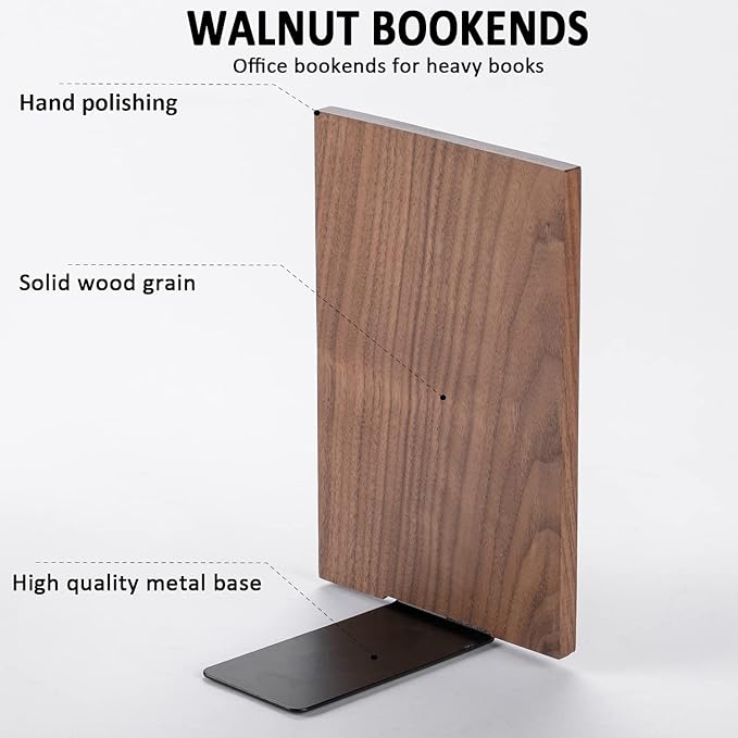 Muso Wood Handmade Walnut Book Ends, Non-Skid Bookends for Shelves, Large Sturdy Book Ends for Heavy Books, Decorative Book Shelf (1 Pair)-Ruum Studio Home
