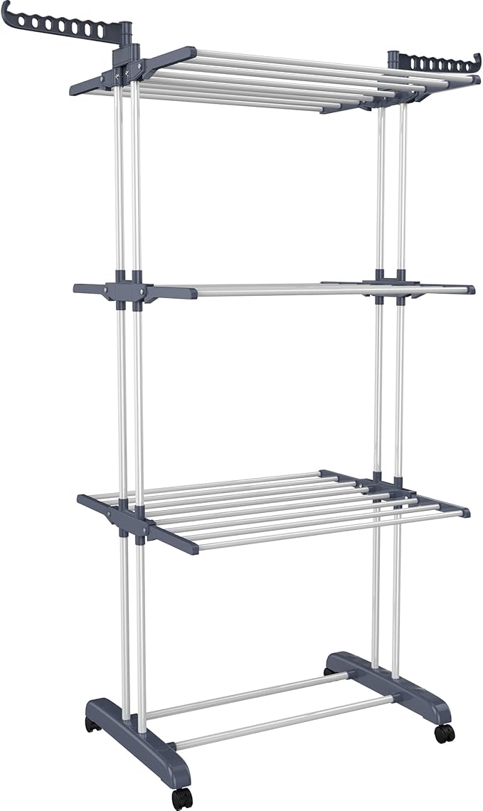 HOMIDEC Clothes Drying Rack, Oversized 4-Tier(67.7" High) Foldable Stainless Steel Drying Rack Clothing, Movable Drying Rack with 4 castors, 24 Drying Poles and 14 Hooks for Bed Linen, Clothing, Grey-Ruum Studio Home