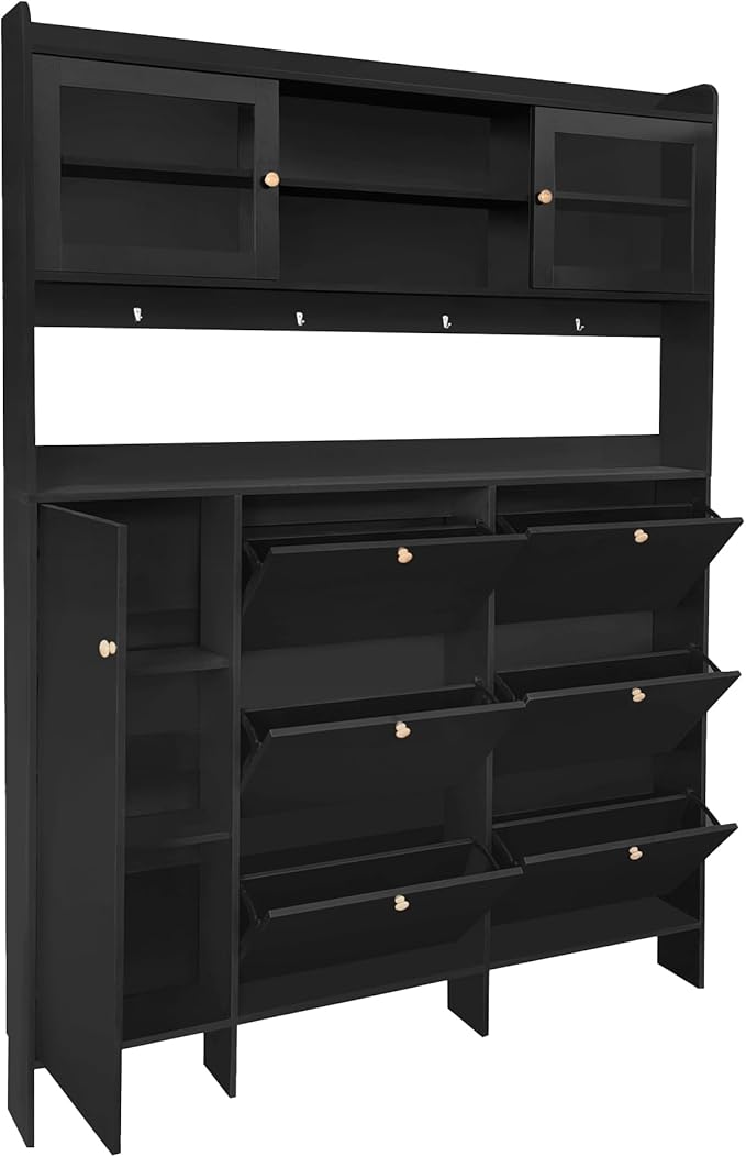 Ball & Cast Tipping Bucket 3-Tier Shoe Cabinet with 6 Flip Drawers and Storage Shelf,Entryway Hall Tree with Tempered Glass Doors and 4 Hooks,for Hallway,Mudroom,Living Room,Black-Ruum Studio Home