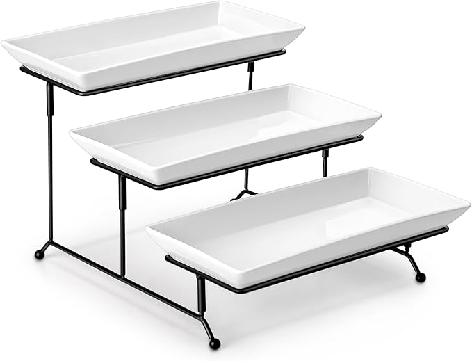 MALACASA 3 Tier Serving Trays for Party, Porcelain Serving Platters and Trays, 12 Inch Tiered Tray Stand, Fruit Tray, Trays for Serving Food, White Dessert Stand with Collapsible Sturdier Metal Rack-Ruum Studio Home