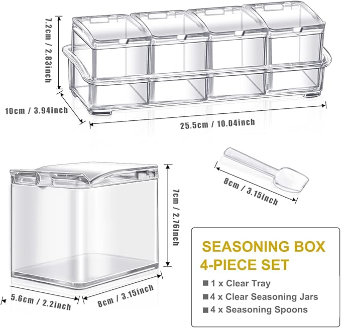 Clear Seasoning Box 4 PCS/Set, Acrylic Seasoning Rack Seasoning Storage Container Condiment Jar Spice Box Spice Jar Spice Pot Spice Rack with Spoon & Lid & Tray for Salt Pepper Sugar (#A)-Ruum Studio Home