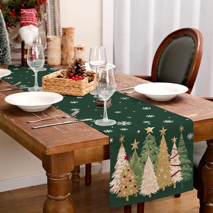 GEEORY Christmas Table Runner 13x72 Inch, Xmas Trees Snowflakes Holiday Decorative Farmhouse Table Decoration for Kitchen Dinning, Indoor Outdoor Dinner Party Decor (Green) GT152-72-Ruum Studio Home