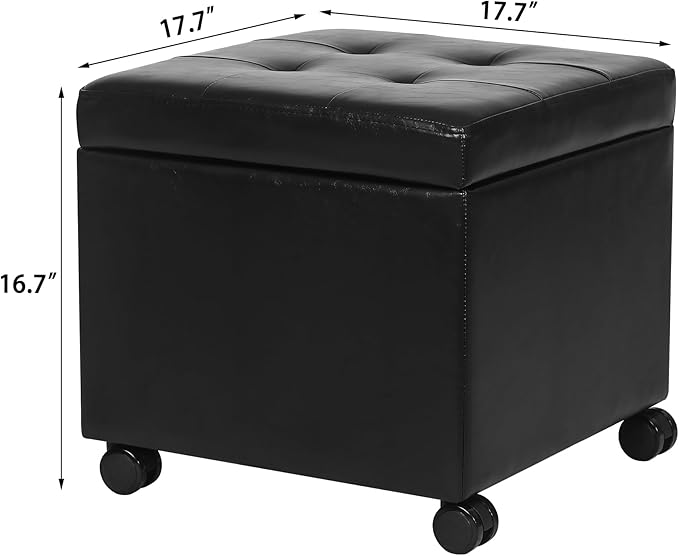 Adeco 17.7" Leather Ottoman with Wheels, Black Square Rolling Ottoman with Storage, Upholstered Button Tufted Vanity Stool with Hinged Lid for Living Room, Bedroom, Dorm-Ruum Studio Home