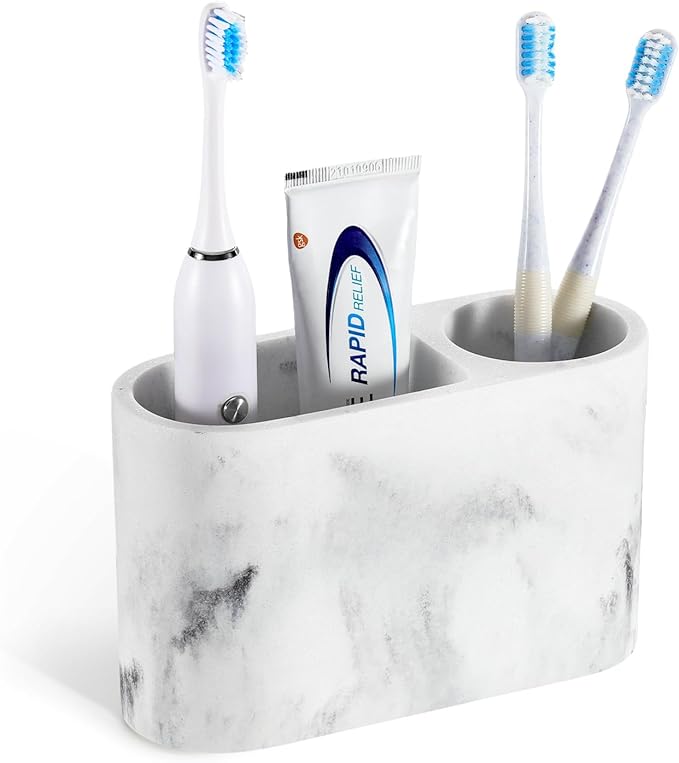 Luxspire Toothbrush Holder, 2 Slots Toothbrush and Toothpaste Holdersfor Bathrooms, Resin Toothbrush Holder Electric Toothbrush Stand for Vanity Countertop, Bathroom Accessories, Gravel White-Ruum Studio Home
