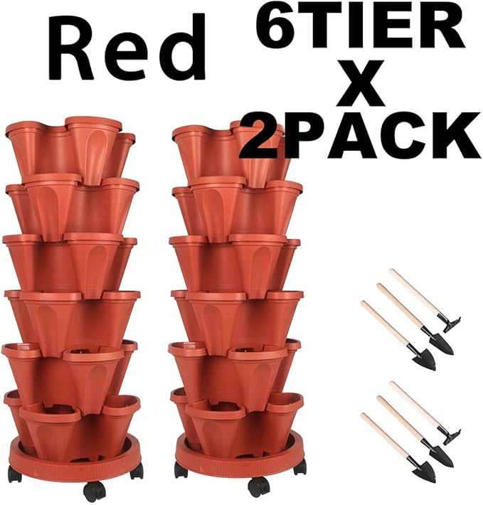 Vertical Planter 6 Tier Stackable Planters Garden Planters Strawberry Herb Flower and Vegetable Planter Indoor Outdoor Gardening Pots with Removable Wheels and Tools 2-Pack-Ruum Studio Home
