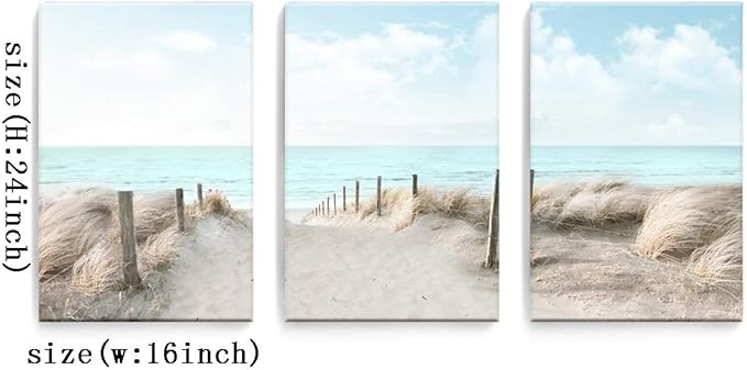 3 Piece Large Canvas Bedroom Wall Art Beach Blue Sea Blue Sky Print Picture Framed Wall Decor for Living Room Bathroom Modern Home Decor Artwork Ready to Hang Coastal Wall Decorations Size 16x24x3-Ruum Studio Home