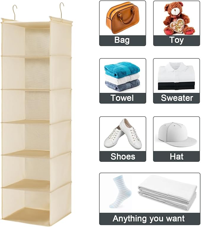 MAX Houser 6 Tier Shelf Hanging Closet Organizer, Closet Hanging Shelf with 2 Sturdy Hooks for Storage,2 Pack, Foldable (Yellow)-Ruum Studio Home