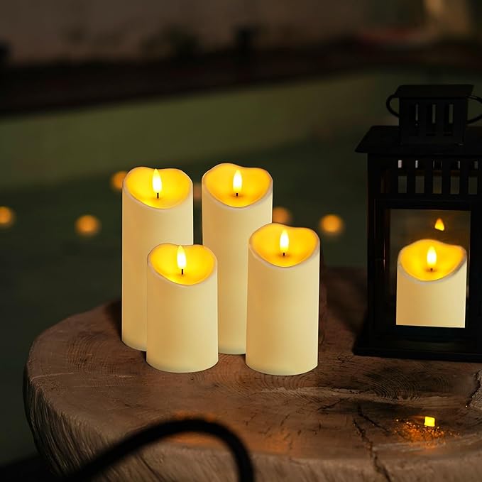 Homemory Outdoor Waterproof Flameless Candles, LED Candles, Battery Operated Candles with Remote and Timers, Electric Fake Plastic Pillar Candles, Dark Ivory, D3 H4 5" 6" 8" 8", Set of 5-Ruum Studio Home