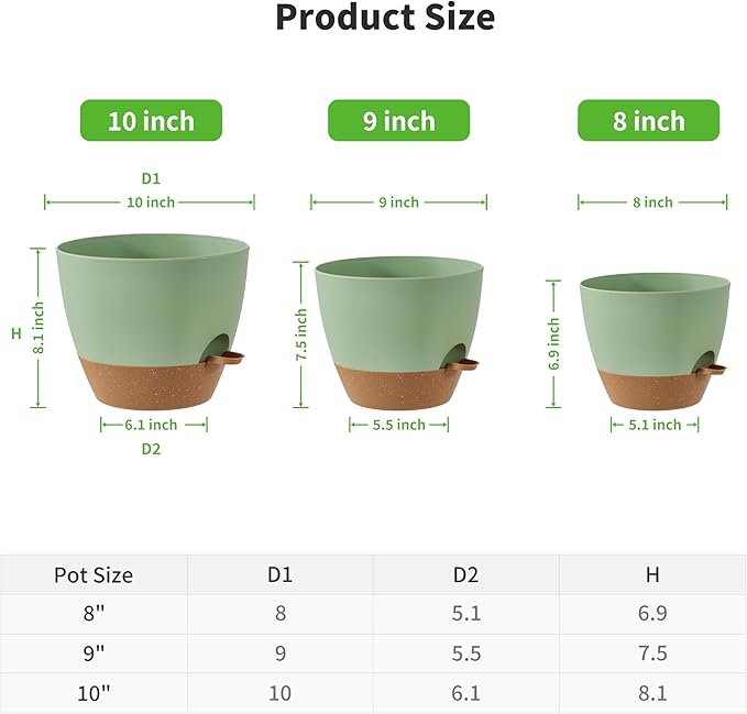 FaithLand 3-Pack Planter Pots, 10 9 8 Inch Self Watering Flower Pots for Indoor Outdoor Garden Plants, Green with Brown-Ruum Studio Home