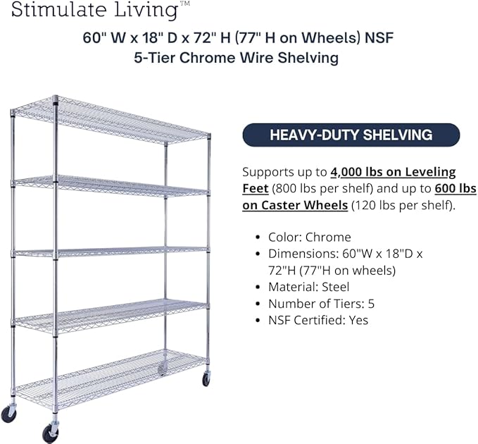 60"x18"x72" PRIME HEAVY DUTY Chrome 5-Tier Wire Shelving 4000 LBS MAX Capacity Storage Rack for Commercial, School, Home, Garage, Warehouse, Industrial, and Hospital Uses (with Wheels)-Ruum Studio Home