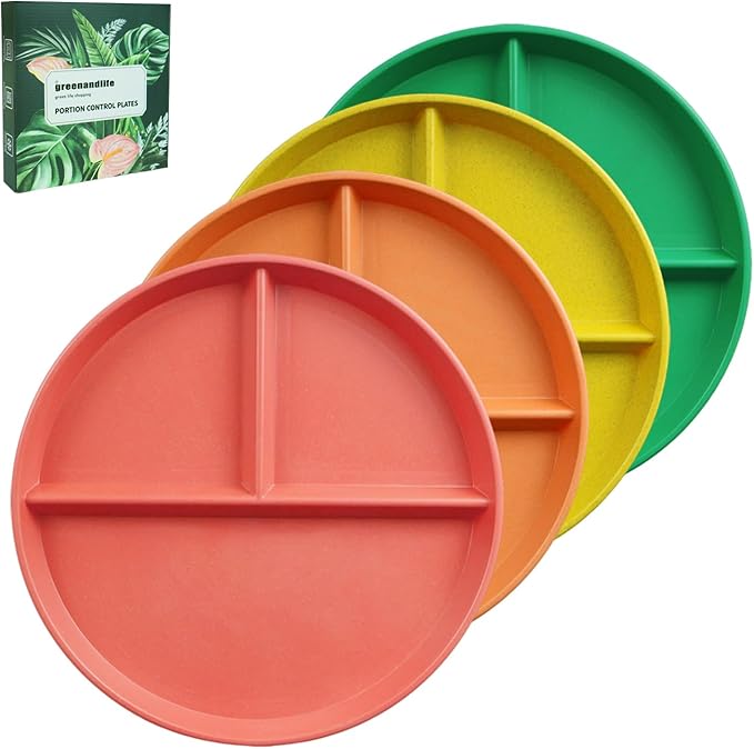 greenandlife 9 Inch 4PCS Unbreakable Portion Control Plates, Divided Plates for Kids Adults, Dishwasher & Microwave Safe Compartment Plate, Lightweight Reusable Wheat Straw Plate, BPA Free-Ruum Studio Home