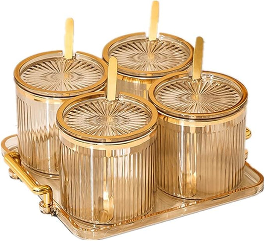 Acrylic Condiment Spice Jars,Condiment Spice Box With Lids and Spoons and Tray,Clear Plastic Condiment Canisters,Seasoning Box 4 Pack,Seasoning Box Set for Kitchen to Storage Salt,Paprika,Sugar-Ruum Studio Home