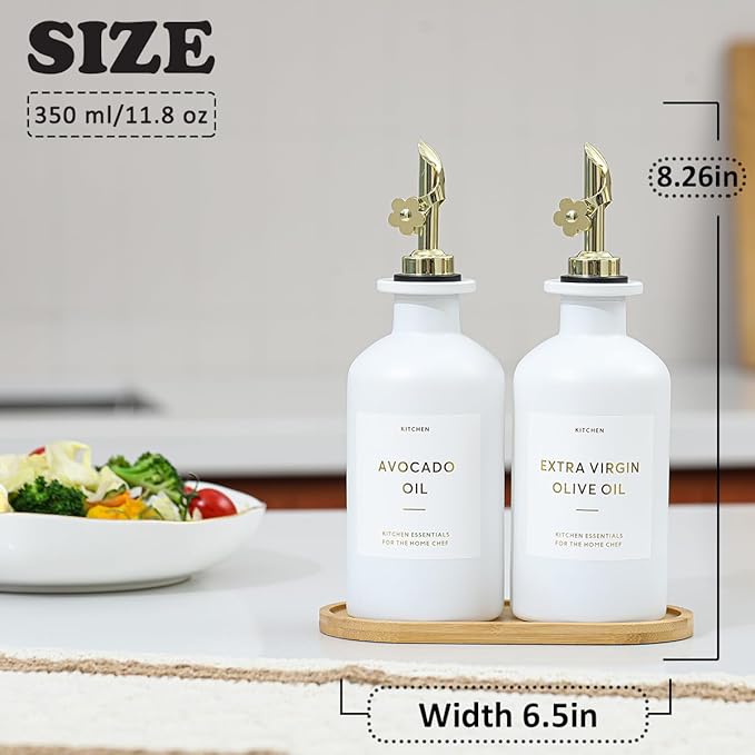 HOMCDALY Olive Oil Dispenser for Kitchen, 11.8oz Glass kitchen Dispenser Bottle, Gold Oil&Vinegar Cruet Set, Leakproof Oil Containers for Cooking| Set of 2 (11.8oz – Gold)-Ruum Studio Home
