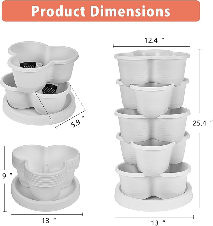 VECELO 5 Tier Vertical Garden Planter, Self Watering Stackable Planters with Wheels for Strawberries, Herbs, Flowers, Vegetables, White-Ruum Studio Home