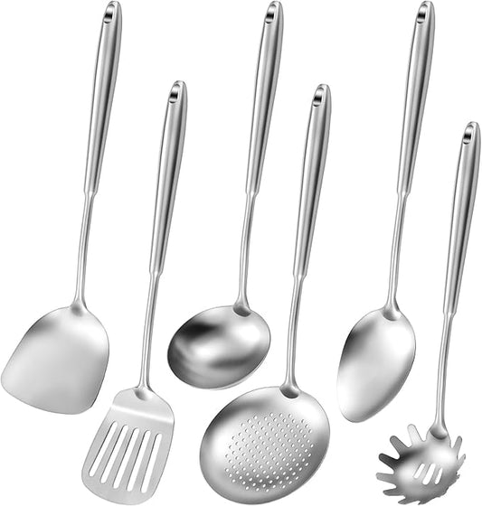 304 Stainless Steel Cooking Utensils,6 Pcs Kitchen Cooking Utensils Set with Spatula, Solid Spoon, Ladle, Skimmer, Spaghetti Spoon,Dishwasher Safe-Ruum Studio Home