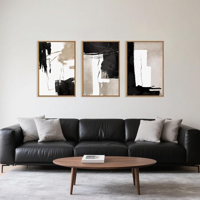 Black White Brown Framed Canvas Wall Art Set, Neutral Geometric Wall Decor, Modern Abstract Wall Painting, Minimalist Artworks for Living Room, Bedroom, Dining Room, Office - 16"x24"x3-Ruum Studio Home